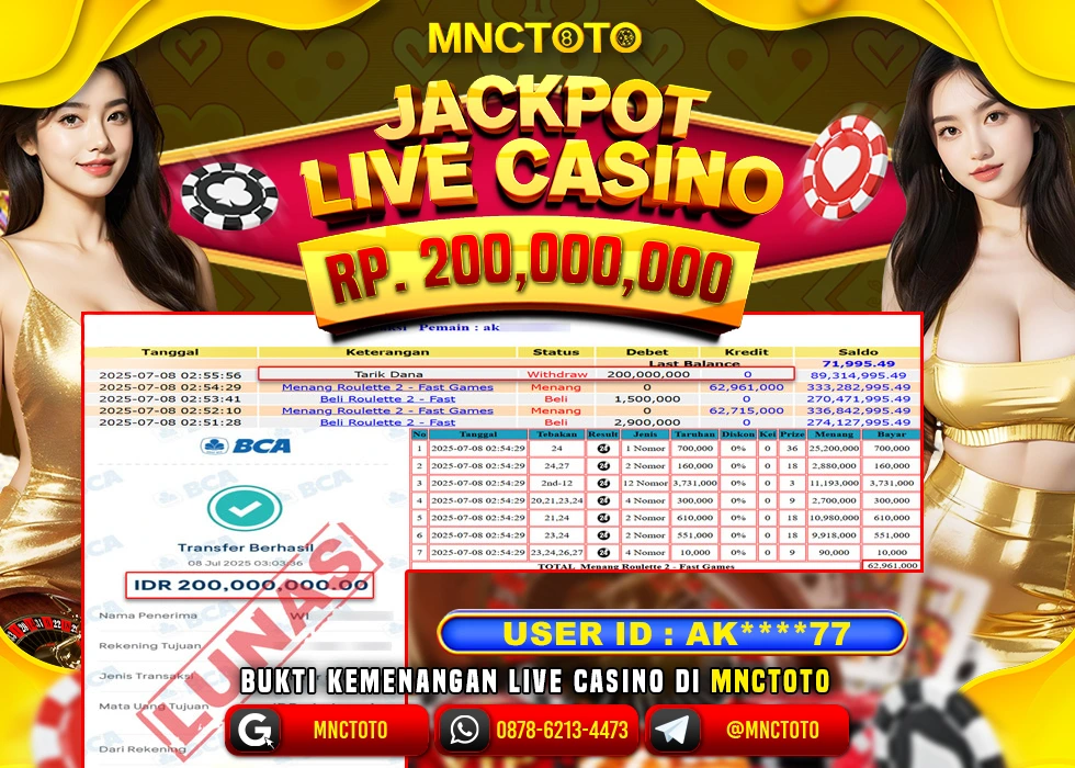 MNCTOTO LIVE CASINO ROULETTE PECAH BOSKU Rp 200.000.000.,- LUNAS