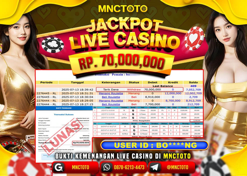 MNCTOTO JAKCPOT LIVE CASINO ROULETTE BOSSKU Rp.70.000.000,- LUNAS