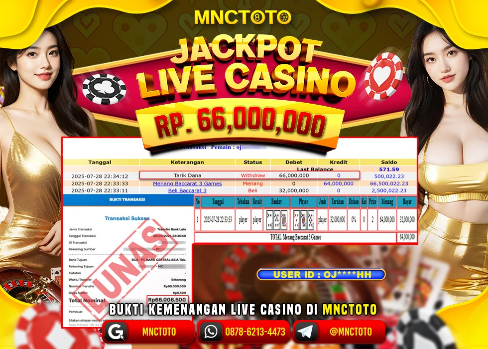 MNCTOTO JAKCPOT LIVE CASINO BACCARAT BOSSKU Rp.66.000.000,- LUNAS