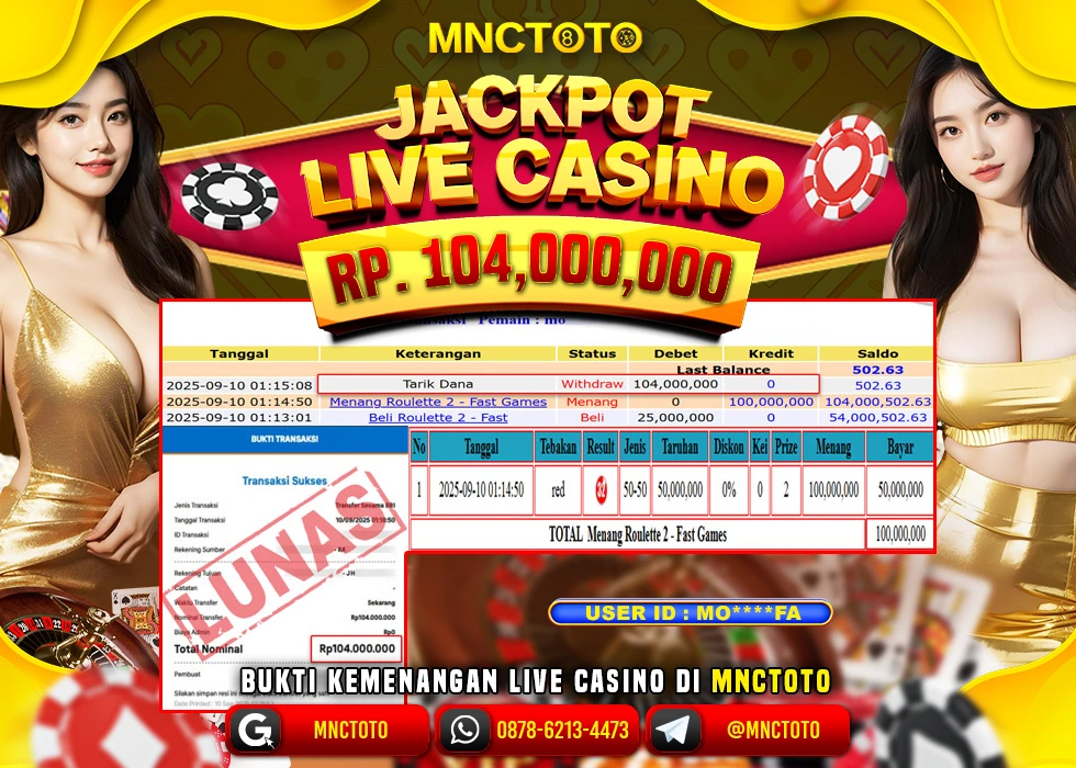 MNCTOTO JAKCPOT LIVE CASINO ROULETTE Rp.104.000.000,- LUNAS