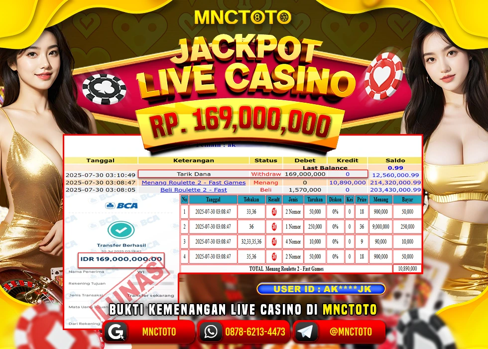 MNCTOTO JAKCPOT LIVE CASINO ROULETTE BOSSKU Rp.169.000.000,- LUNAS