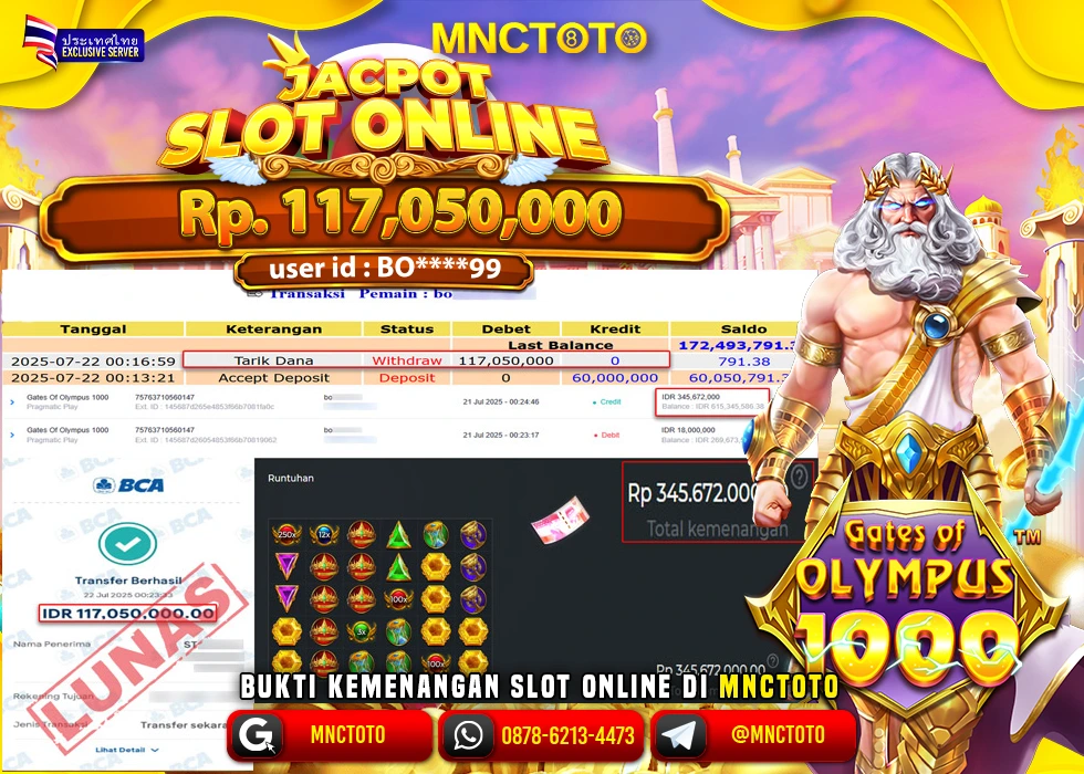 MNCTOTO JAKCPOT SLOT GATES OF OLYMPUS BOSSKU Rp.117.050.000,- LUNAS