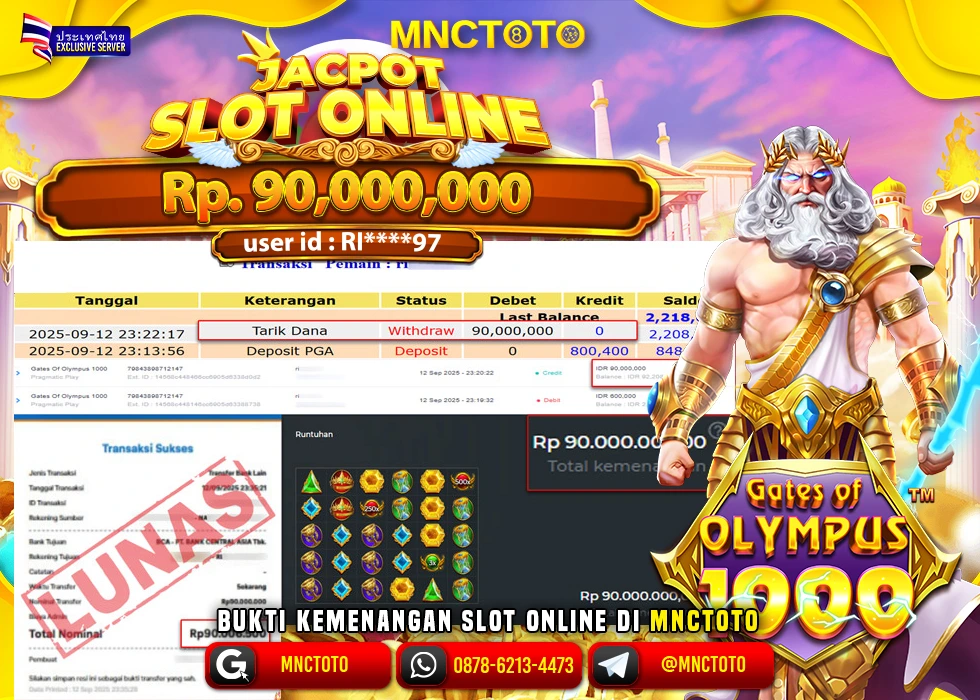MNCTOTO JAKCPOT SLOT GATES OF OLYMPUS Rp.90.000.000,- LUNAS