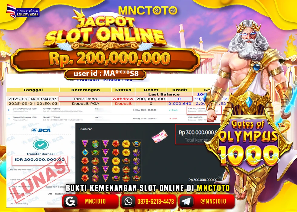 MNCTOTO JAKCPOT SLOT GATES OF OLYMPUS Rp.200.000.000,- LUNAS
