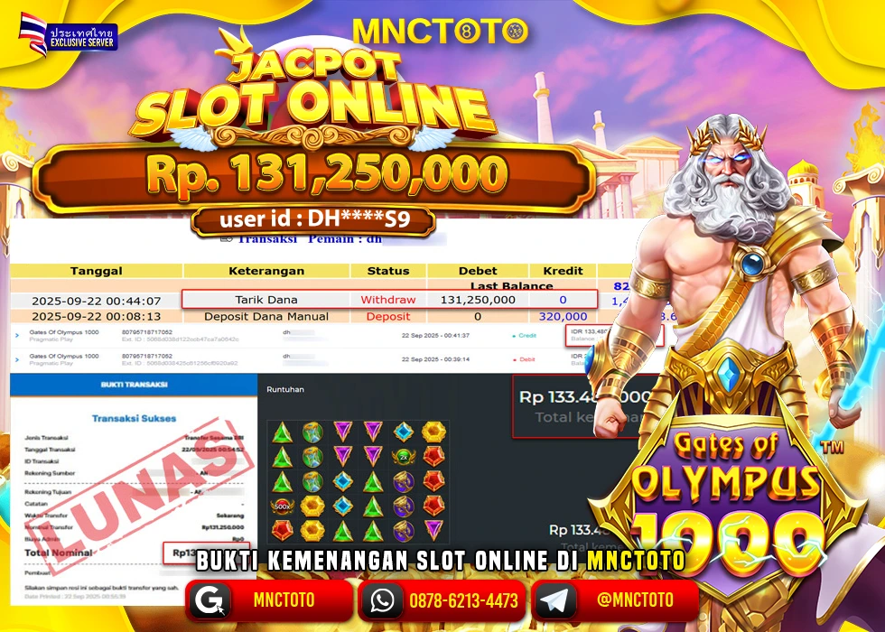MNCTOTO JAKCPOT SLOT GATES OF OLYMPUS Rp.131.250.000,- LUNAS