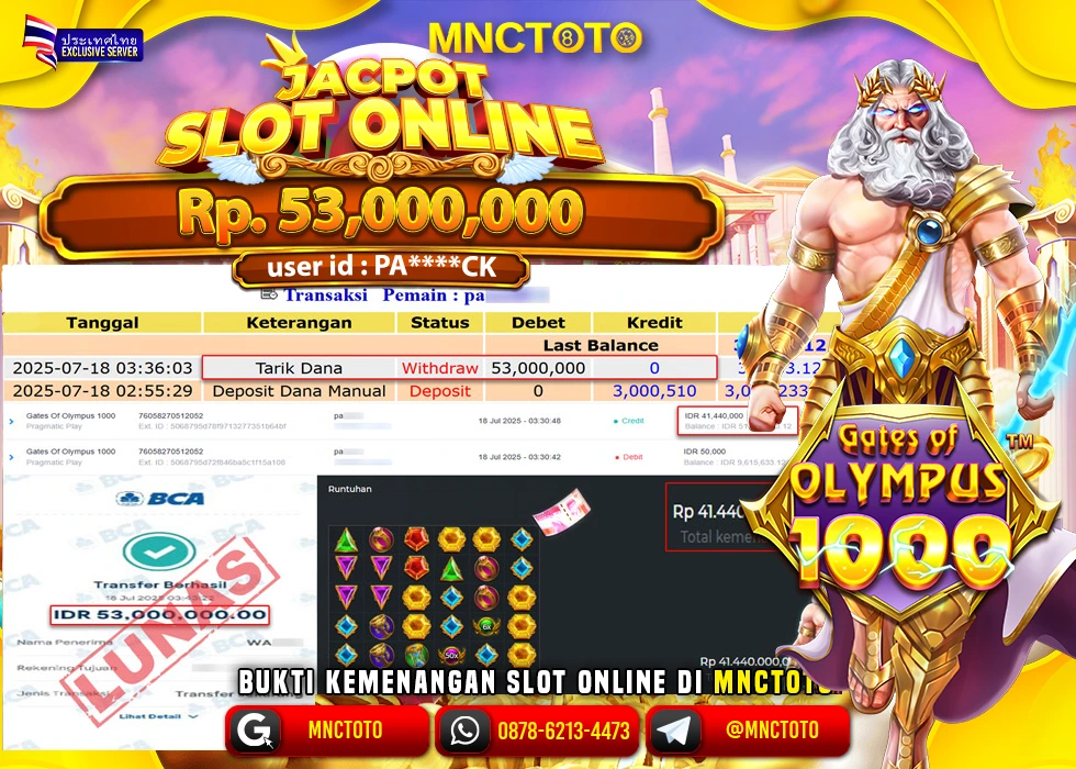 MNCTOTO JAKCPOT SLOT GATES OF OLYMPUS BOSSKU Rp.53.000.000,- LUNAS