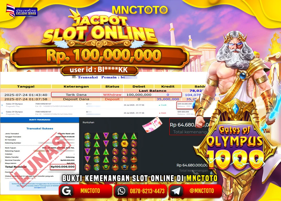 MNCTOTO JAKCPOT SLOT GATES OF OLYMPUS BOSSKU Rp.100.000.000,- LUNAS