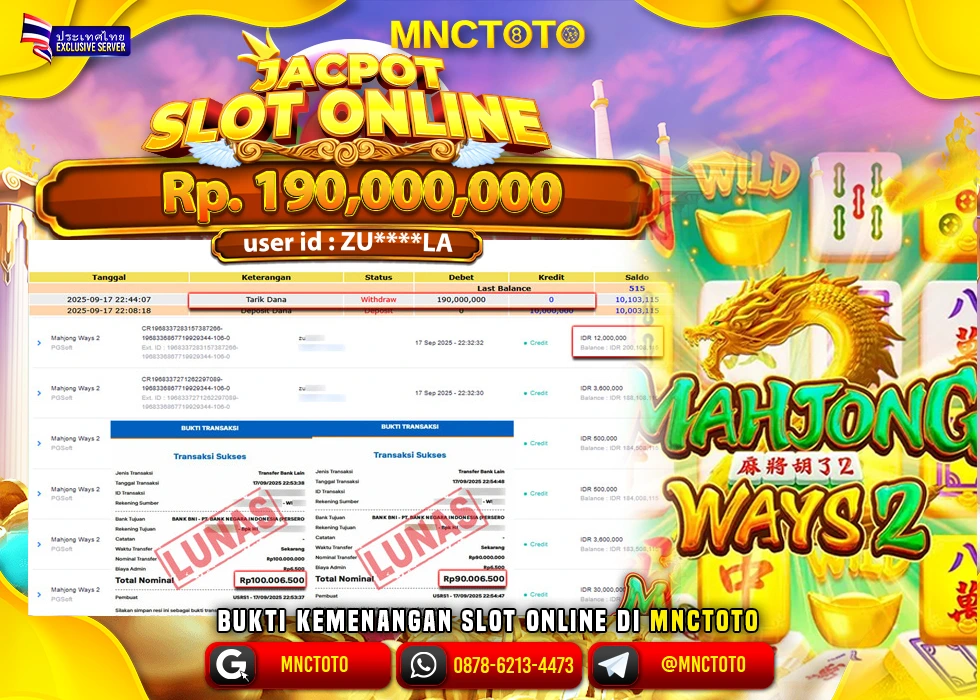 MNCTOTO JAKCPOT SLOT MAHJONG WAYS Rp.190.000.000,- LUNAS