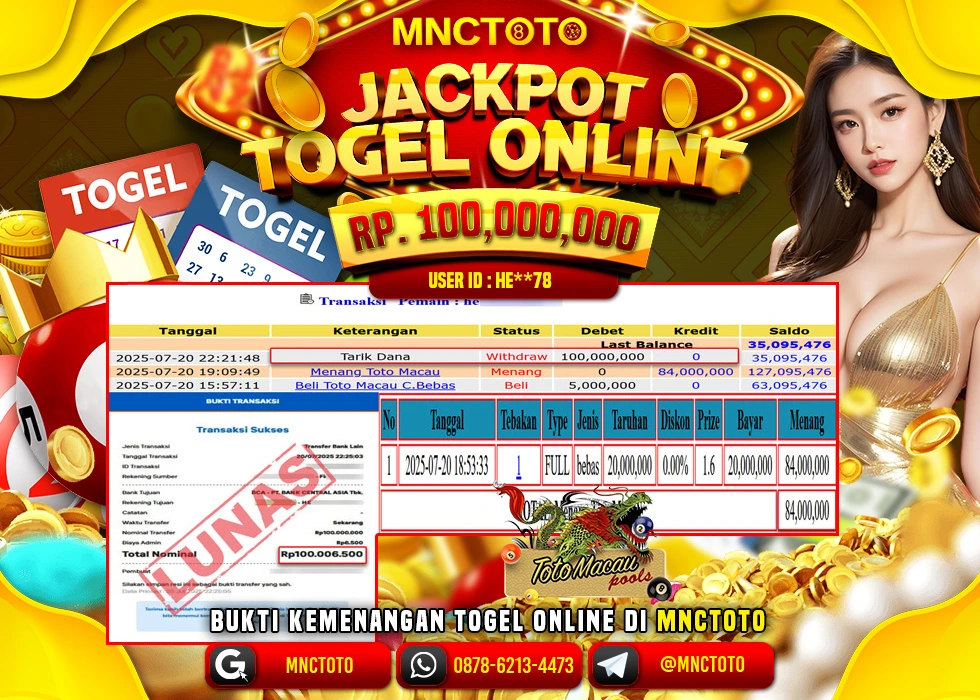 MNCTOTO JAKCPOT TOGEL TOTO MACAU BOSSKU Rp.100.000.000,- LUNAS