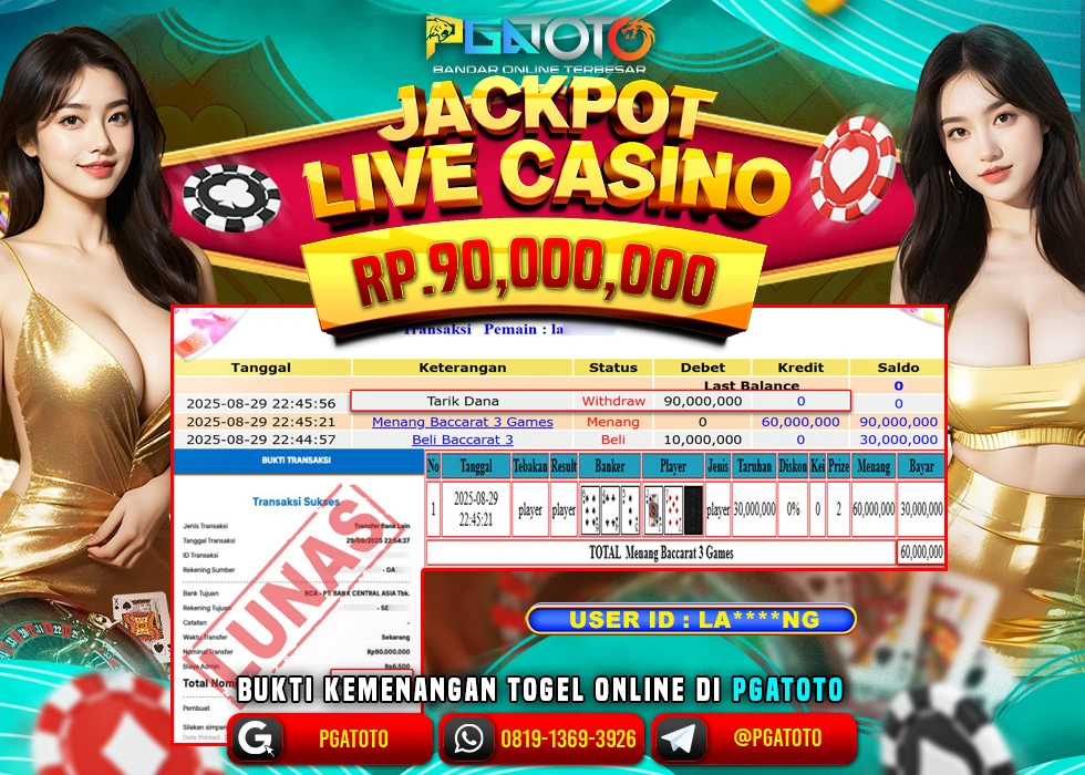PGATOTO JACKPOT LIVE GAME BACCARAT BOSSKU Rp.90.000.000,- LUNAS