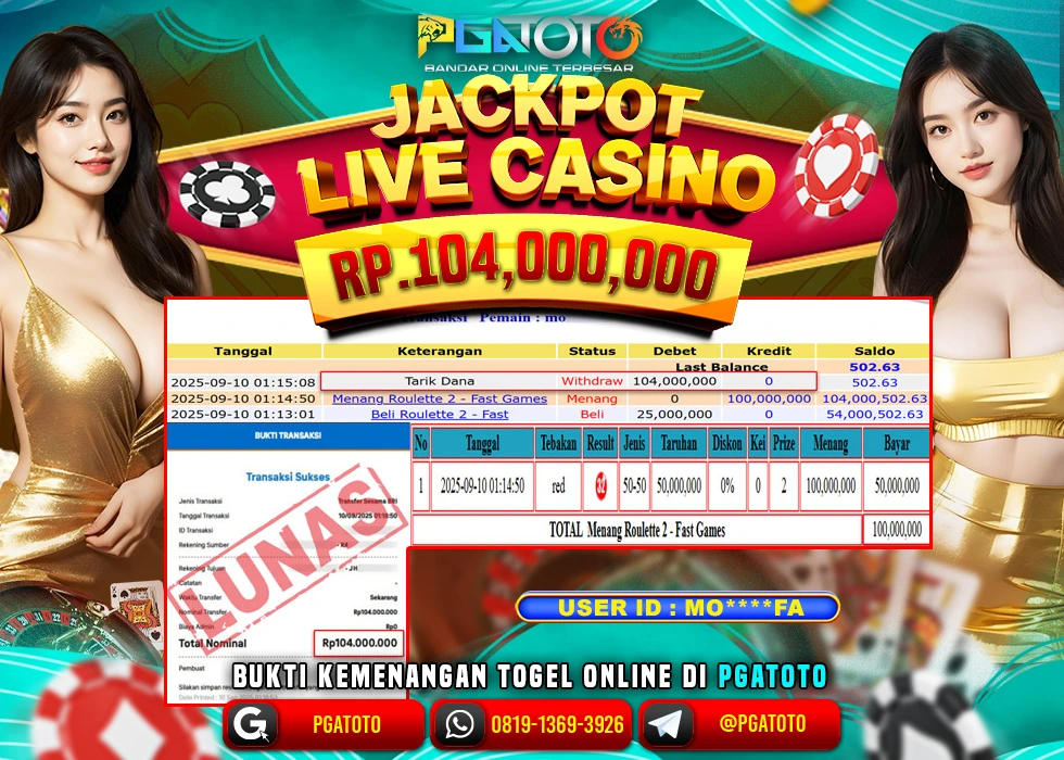PGATOTO JACKPOT LIVE CASINO ROULETTE Rp.104.000.000,- LUNAS