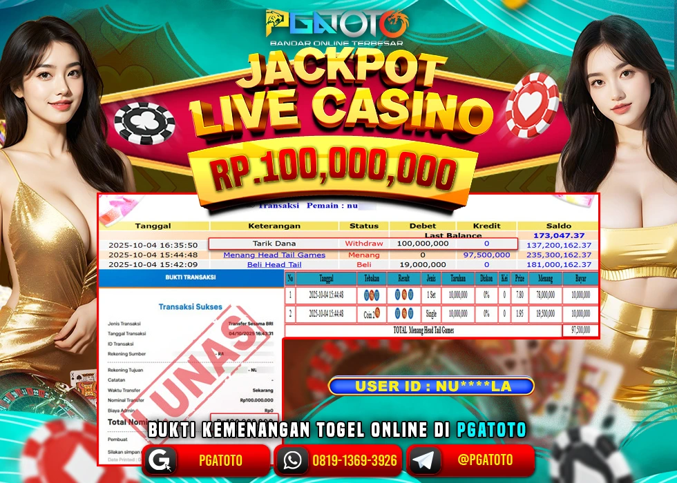 PGATOTO JACKPOT LIVE GAMES HEAD TAIL Rp.100.000.000,- LUNAS