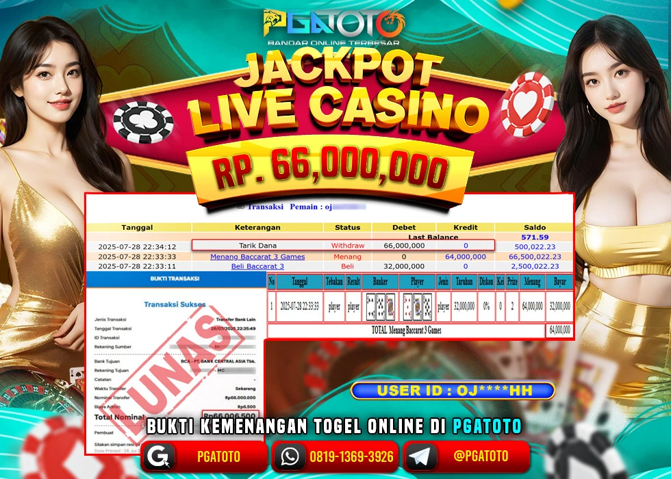 PGATOTO JACKPOT LIVE CASINO BACCARAT BOSKU Rp 66.000.000.,- LUNAS