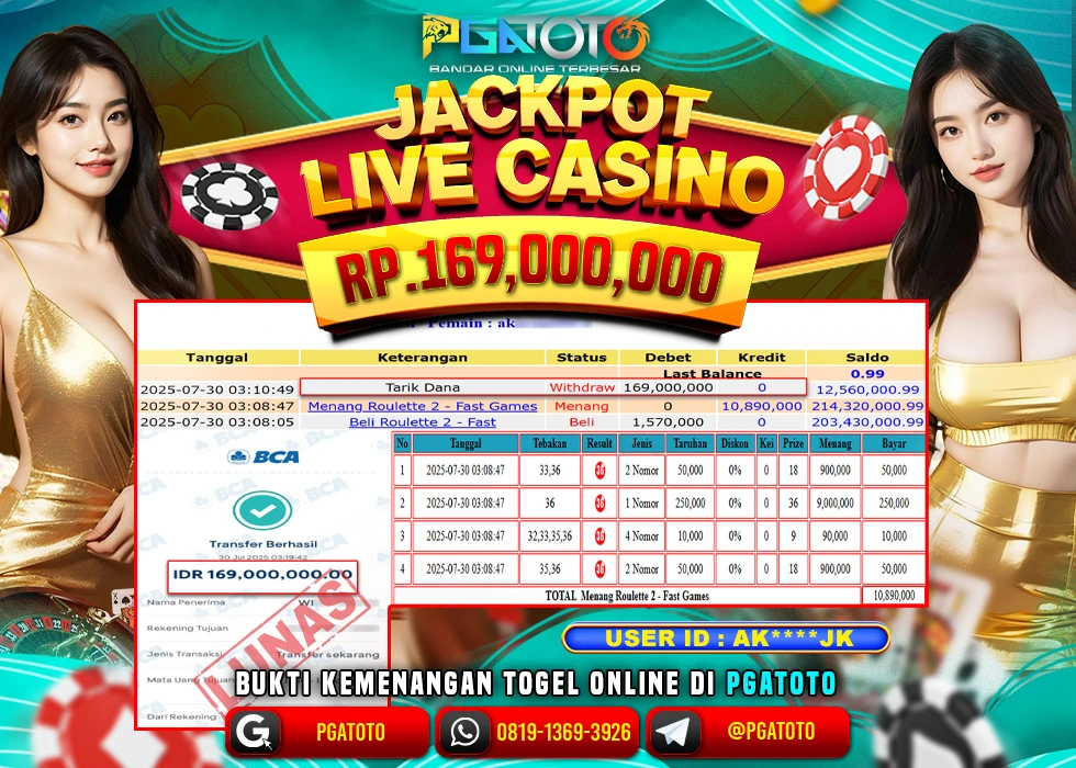 PGATOTO JACKPOT LIVE CASINO ROULETTE BOSKU Rp 169.000.000.,- LUNAS