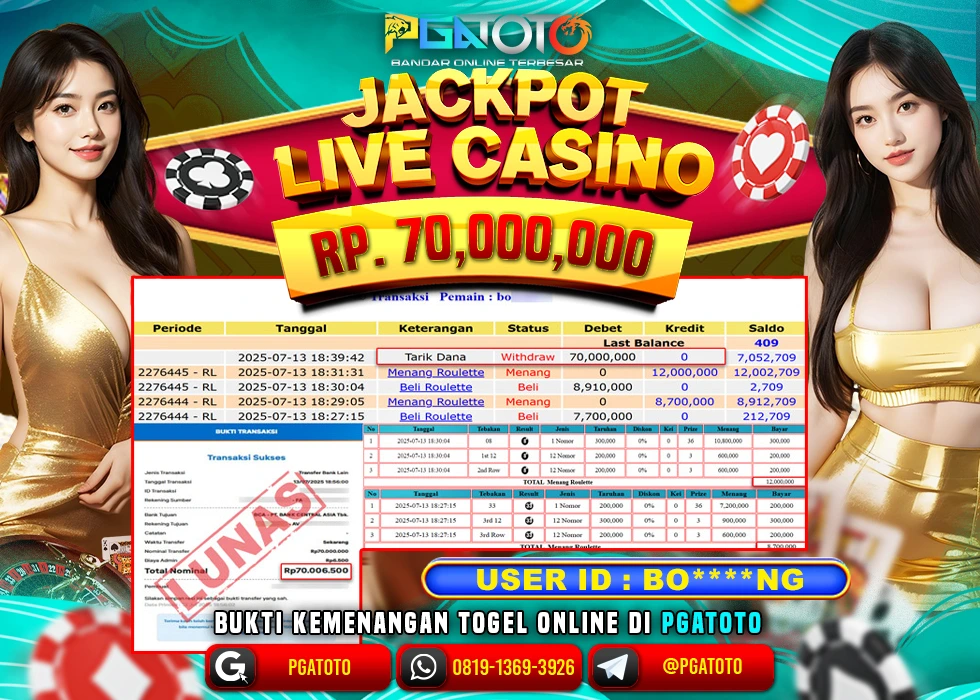 PGATOTO JACKPOT LIVE CASINO ROULETTE BOSKU Rp 70.000.000.,- LUNAS