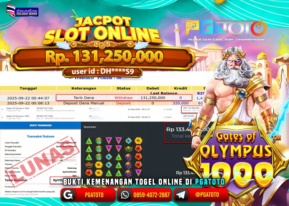 PGATOTO JACKPOT SLOT GATES OF OLYMPUS BOSKU Rp.131.250.000,- LUNAS