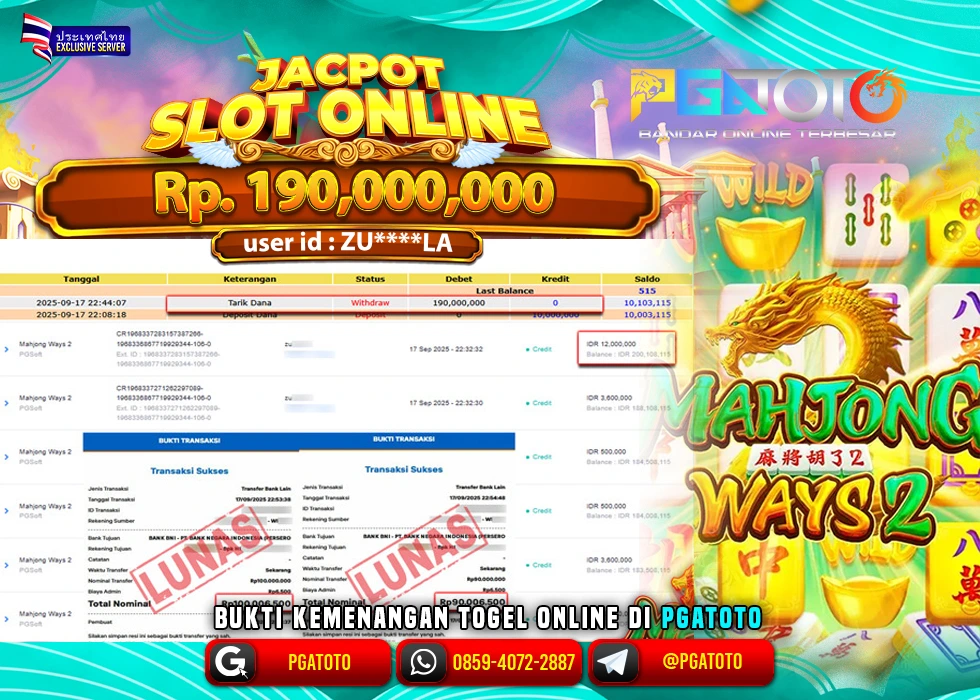 PGATOTO JACKPOT SLOT MAHJONG WAYS BOSKU Rp.190.000.000,- LUNAS