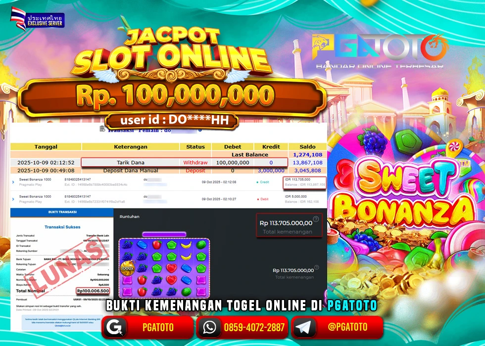 PGATOTO JACKPOT SLOT SWEET BONANZA Rp.100.000.000,- LUNAS