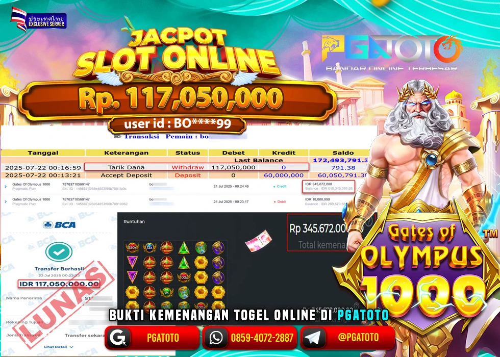 PGATOTO JACKPOT SLOT GATES OF OLYMPUS BOSKU Rp 117.050.000.,- LUNAS