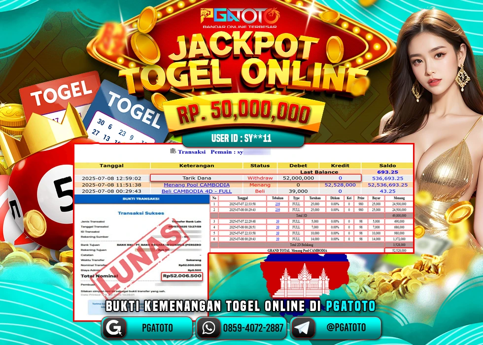 PGATOTO JACKPOT TOGEL CAMBODIA BOSKU Rp 50.000.000.,- LUNAS