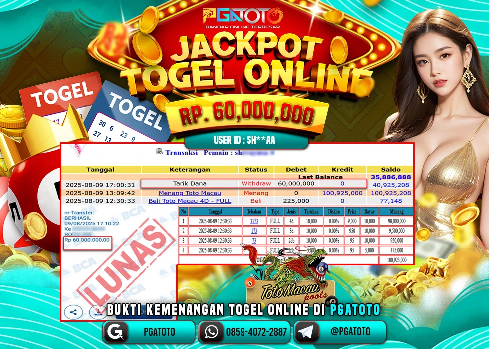 PGATOTO JACKPOT TOGEL TOTO MACAU BOSKU Rp 60.000.000.,- LUNAS