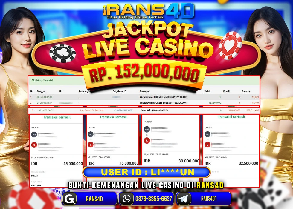 RANS4D JACKPOT LIVE CASINO BACCARAT RP 152.000.000; LUNAS
