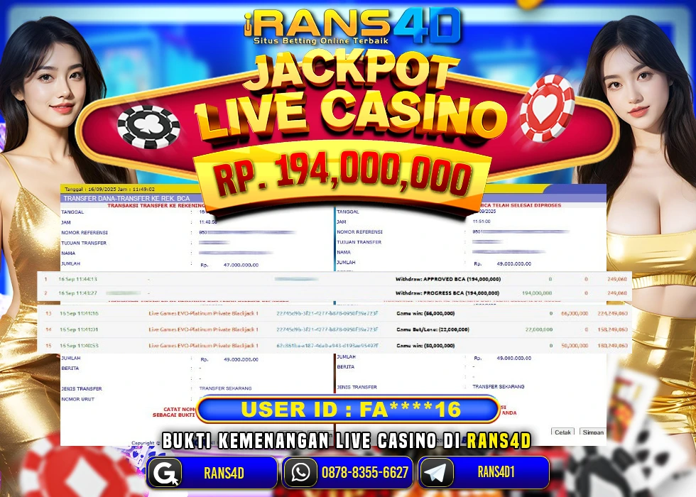 RANS4D JACKPOT LIVE GAMES BLACKJACK RP 194.000.000; LUNAS