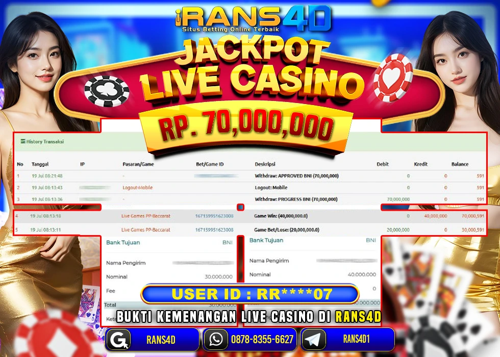 RANS4D JACKPOT LIVE CASINO BACCARAT RP 70.000.000; LUNAS