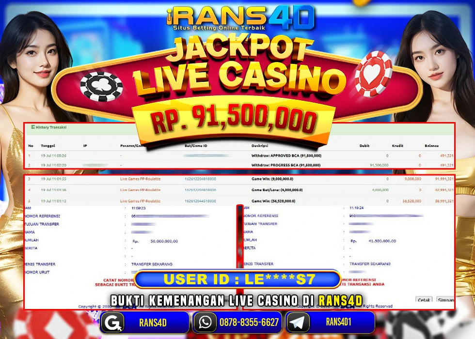 RANS4D JACKPOT LIVE CASINO ROULETTE RP 91.500.000; LUNAS
