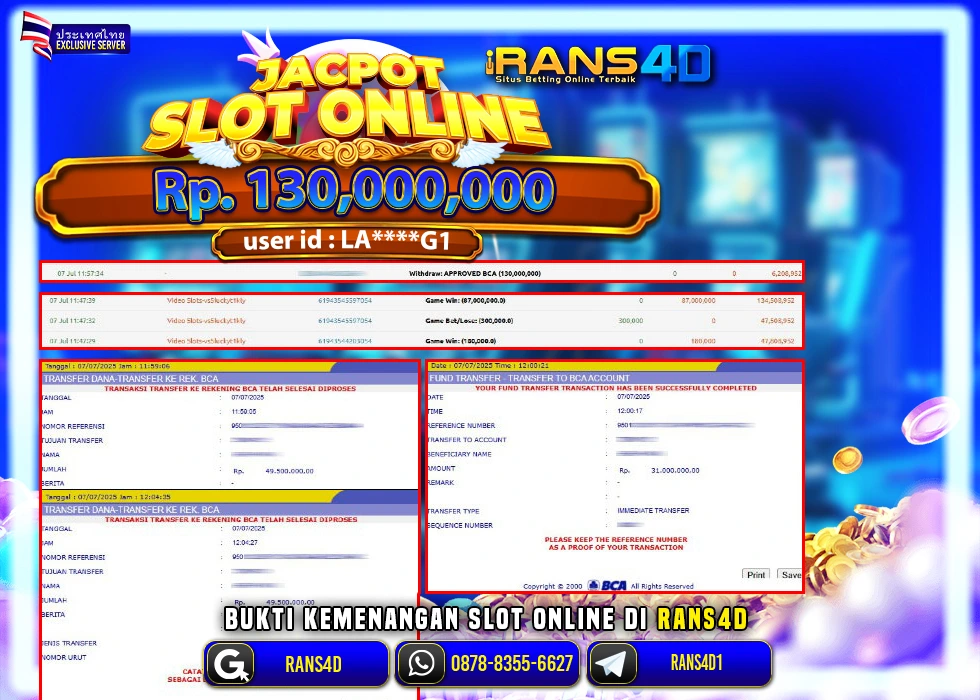 RANS4D SELAMAT JACKPOT SLOT LUCKY TIGER 1000 RP 130,000,000; LUNAS