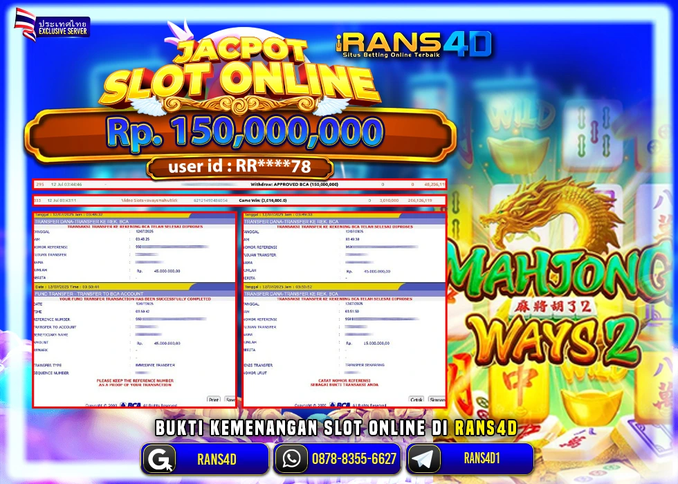 RANS4D JACKPOT SLOT MAHJONG WAYS2 RP 150.000.000; LUNAS