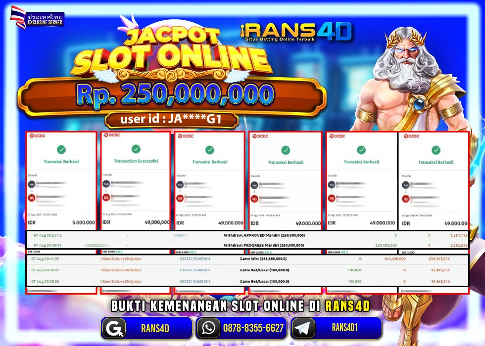 RANS4D JACKPOT SLOT GATES OF OLYMPUS RP 250.000.000; LUNAS