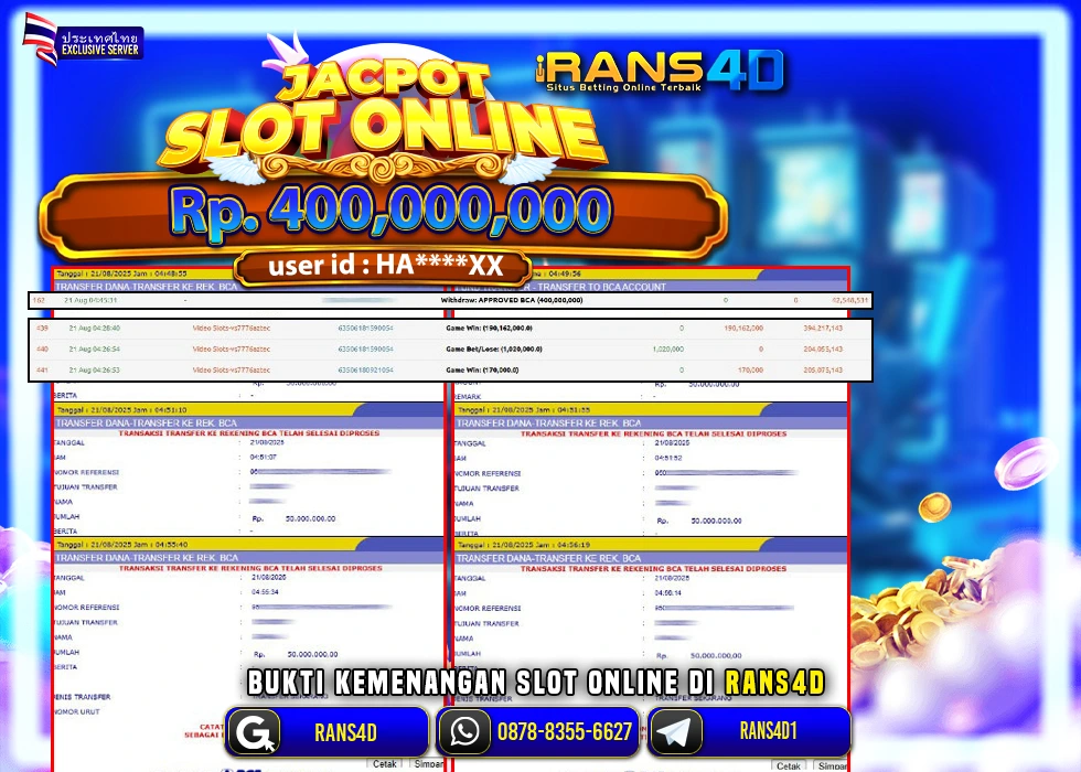 RANS4D JACKPOT SLOT AZTEC BONANZA RP 400.000.000; LUNAS