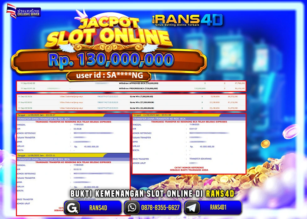 RANS4D JACKPOT SLOT MAHJONG WAYS RP 130.000.000; LUNAS