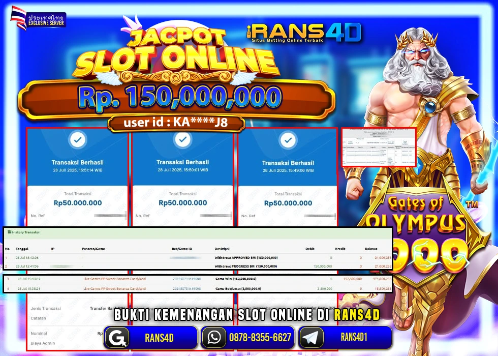 RANS4D JACKPOT SLOT SWEET BONANZA RP 150.000.000; LUNAS